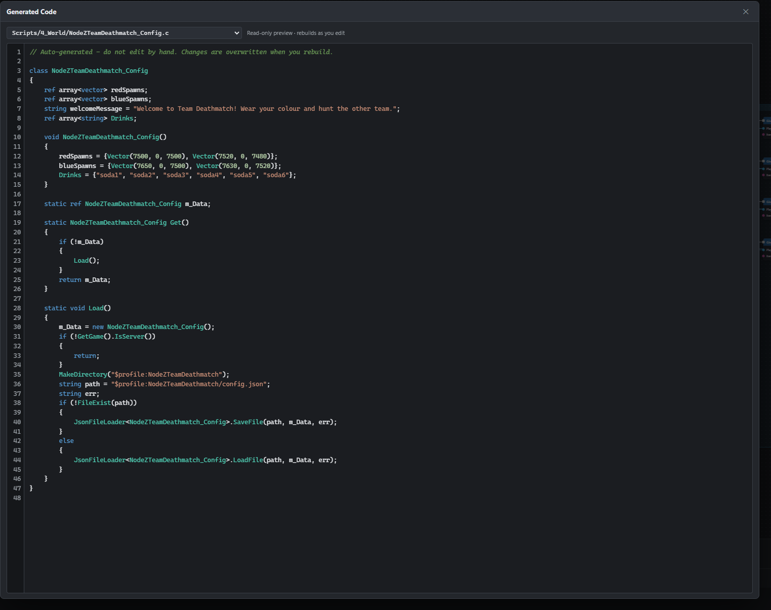 The generated Enforce Script code view