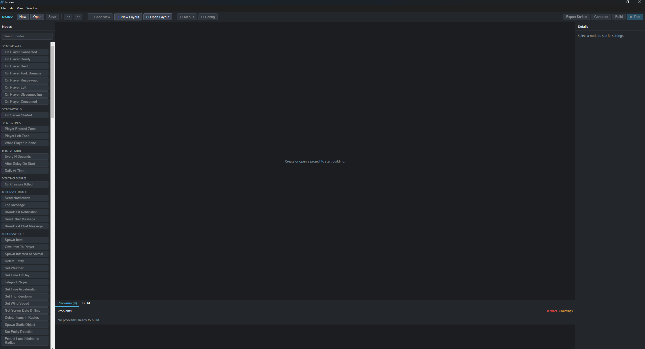 The NodeZ editor with the node palette open