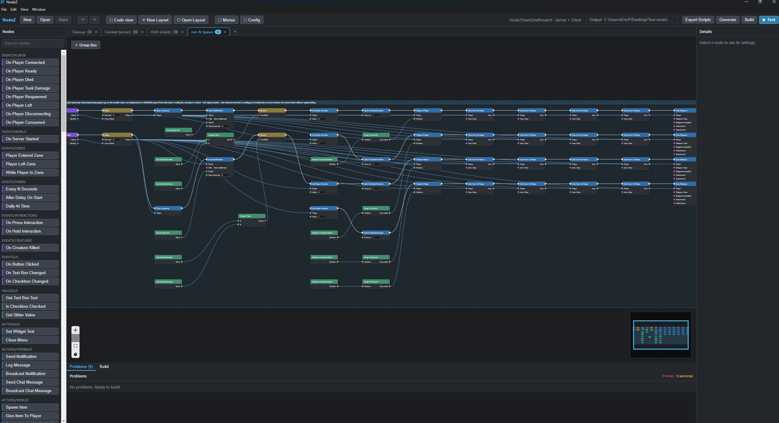 A Team Deathmatch project wired up across several graphs