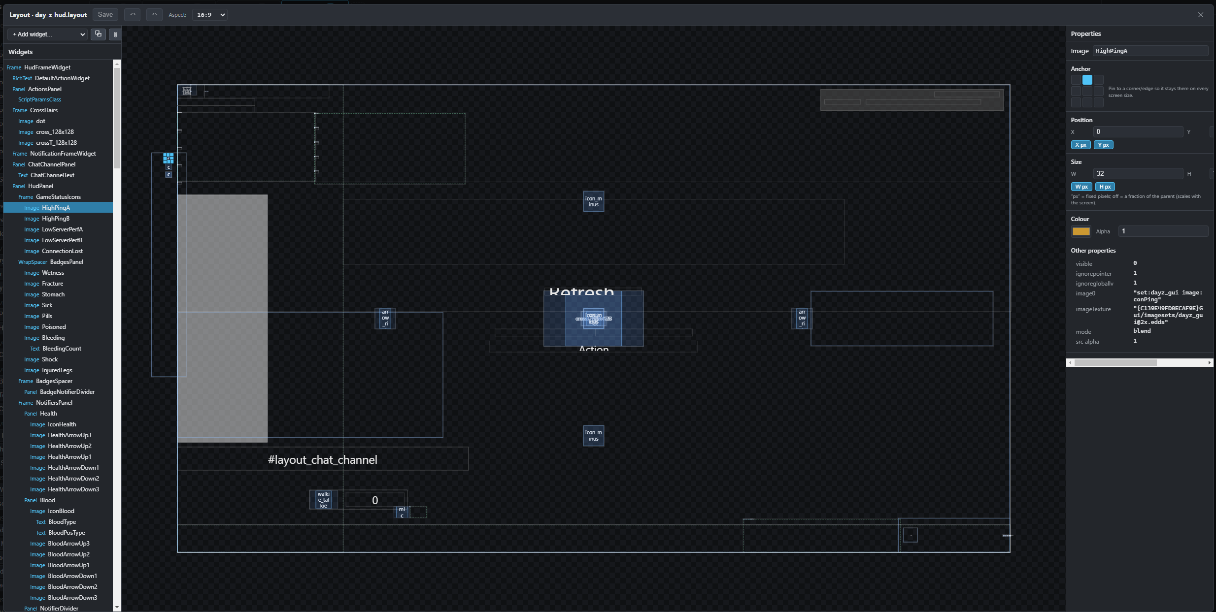 The layout editor showing the DayZ HUD widget tree